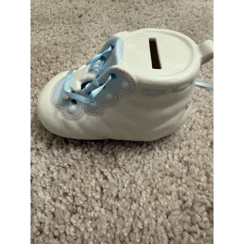 Ceramic Baby Shoe Coin‎ Bank NEW With Blue Lace Baptism Christening Birth Gift